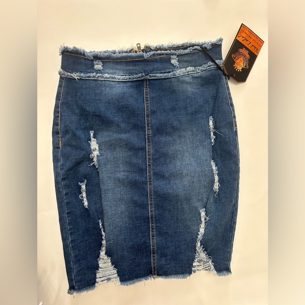 NWT Pink Label Zipper Back Denim Distressed Bodycon Skirt